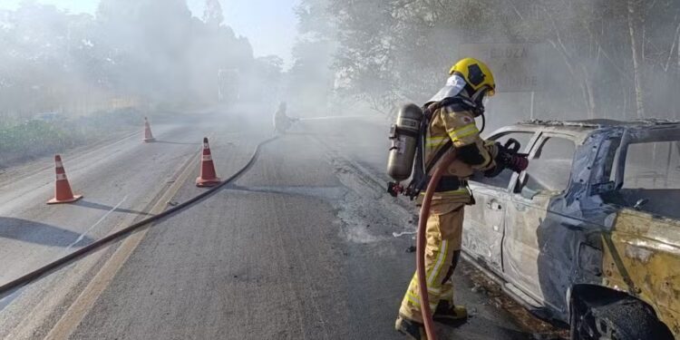 Uma caminhonete pegou fogo na MG-170
