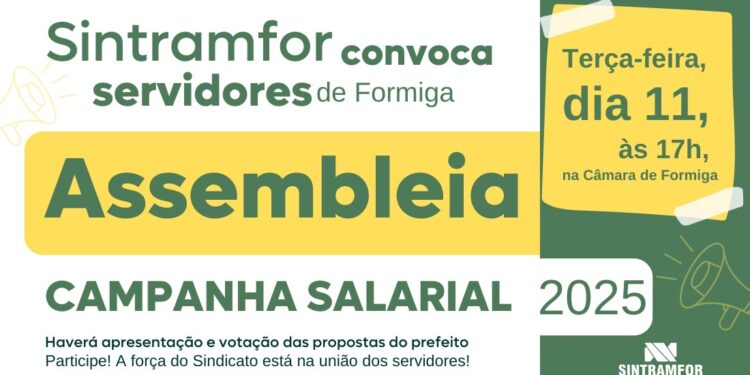 Campanha salarial 2025: Sintramfor convoca servidores municipais de Formiga para assembleia geral