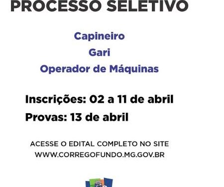 Prefeitura de Córrego Fundo abre inscrições para Processo Seletivo Simplificado