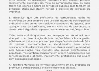 Nota de Repúdio da Prefeitura de Formiga não foi dirigida ao Grupo Leão de Comunicação nem ao Informe Centro-Oeste