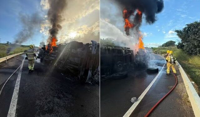 Motorista perde o controle na curva, tomba carreta e veículo pega fogo na MGC-491