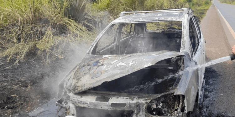 Carro fica destruído após pegar fogo na BR-354 em Bambuí