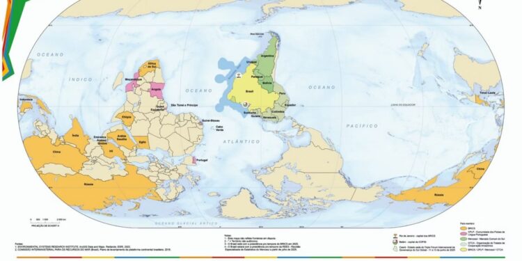 IBGE lança versão do mapa-múndi de ponta-cabeça e com o Brasil no centro; “ressaltar posição de liderança”