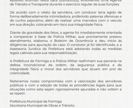 Agente de Trânsito é ameaçada por condutor em Formiga; Prefeitura emite nota de repúdio