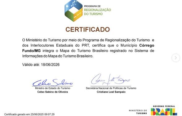 Córrego Fundo é reconhecido como destino turístico no Mapa do Turismo Brasileiro pelo quinto ano consecutivo