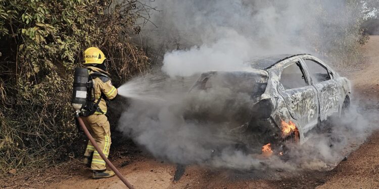 Incêndio em veículo se espalha para vegetação em estrada rural de Formiga