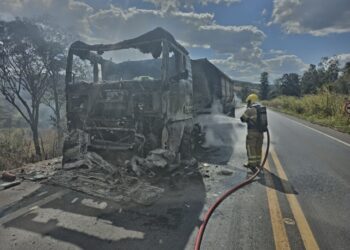 Bombeiros combatem incêndio em carreta e vegetação na BR-354 em Campo Belo