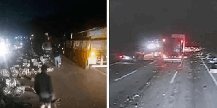 Carreta com frutas tomba na rodovia Fernão Dias e causa congestionamento