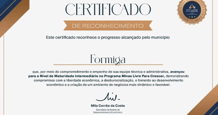 Formiga avança na desburocratização e conquista certificado do programa Minas Livre para Crescer
