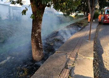 Bombeiros combatem incêndio em mata ciliar às margens do Rio Mata Cavalo