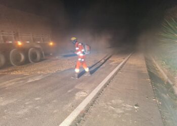 Bombeiros realizam limpeza de pista após tombamento de carreta na BR-354