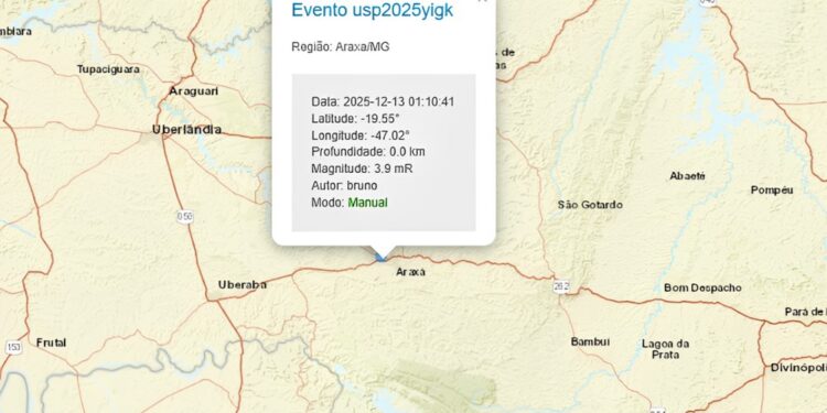Tremor de terra de magnitude 3.9 é registrado em Araxá