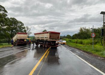 Carreta bitrem fica atravessada na BR-354 após acidente no fim da tarde de domingo