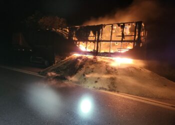 Carreta carregada de soja pega fogo na BR-354 e parte da carga fica espalhada na pista em Formiga