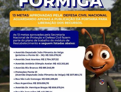 Metas aprovadas pela Defesa Civil Nacional para recuperação de vias em Formiga